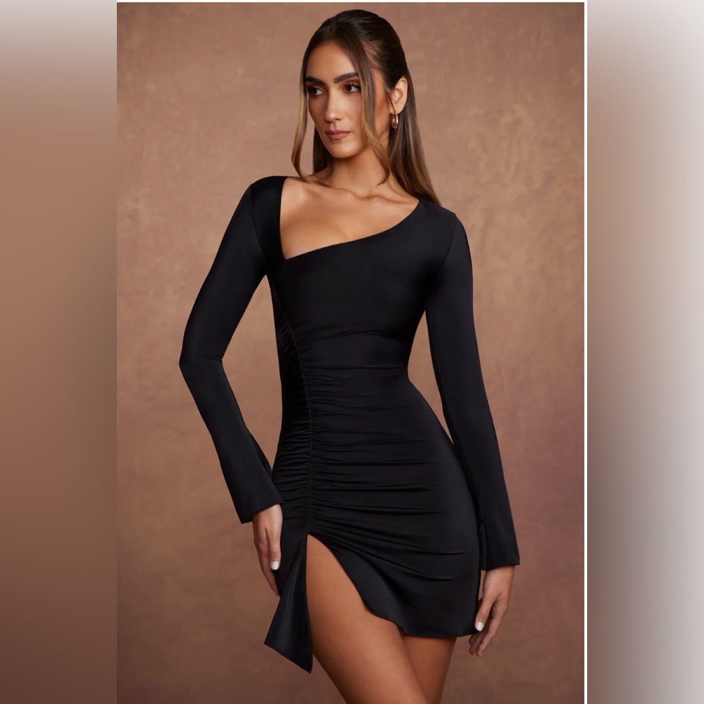 NWT Rea Long Sleeve Asymmetric Black Mini Dress